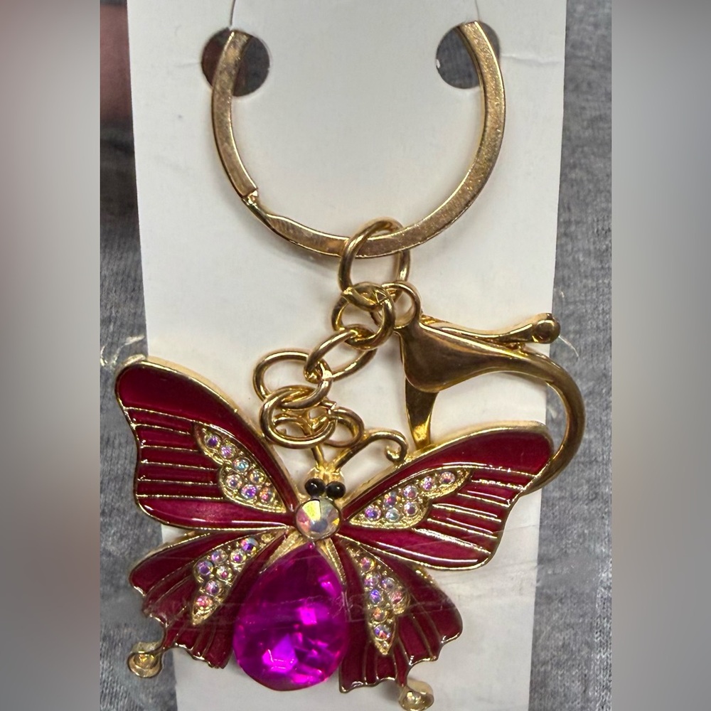 NWT Gold and Magenta Rhinestone Chunky Butterfly Bag Charm / Keychain